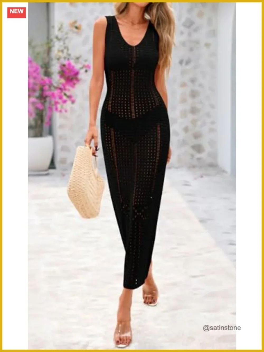 Crochet Swimsuit Coverup Sleeveless V-Neck Maxi Beach Vacation Cover Up